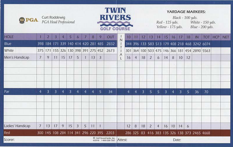 Scorecard Twin Rivers Golf Course